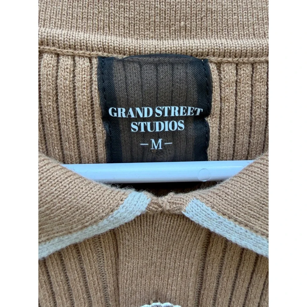Grand Street Studios Camel Ribbed Knit Rhinestone Button Polo Mini Dress M NEW